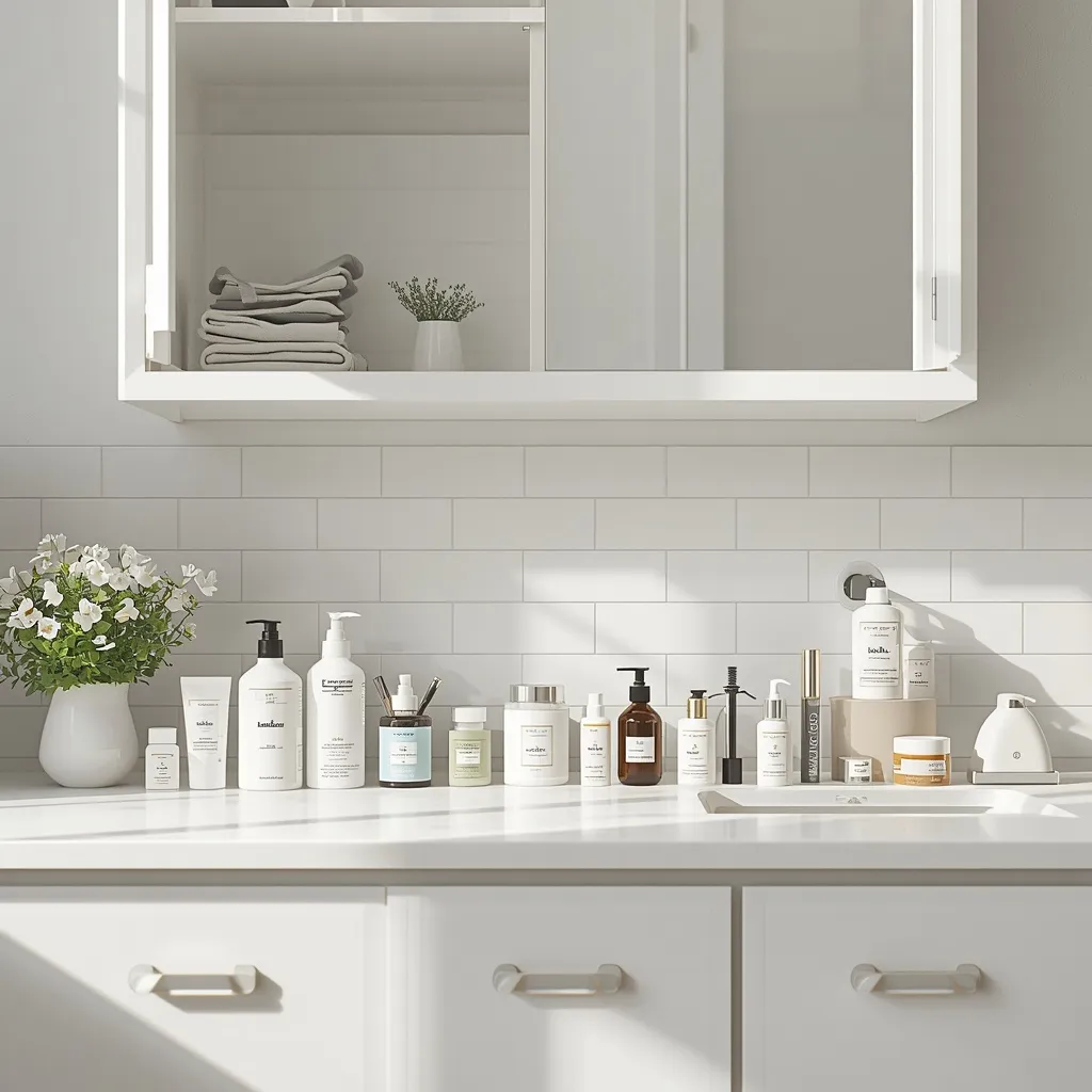 Bathroom products spread out and sorted into zones during a cabinet declutter