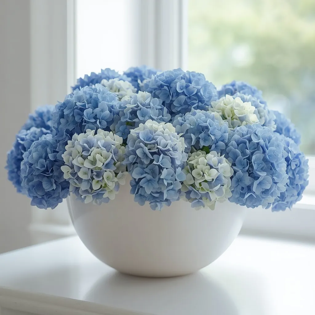 Blue white hydrangea bowl arrangement