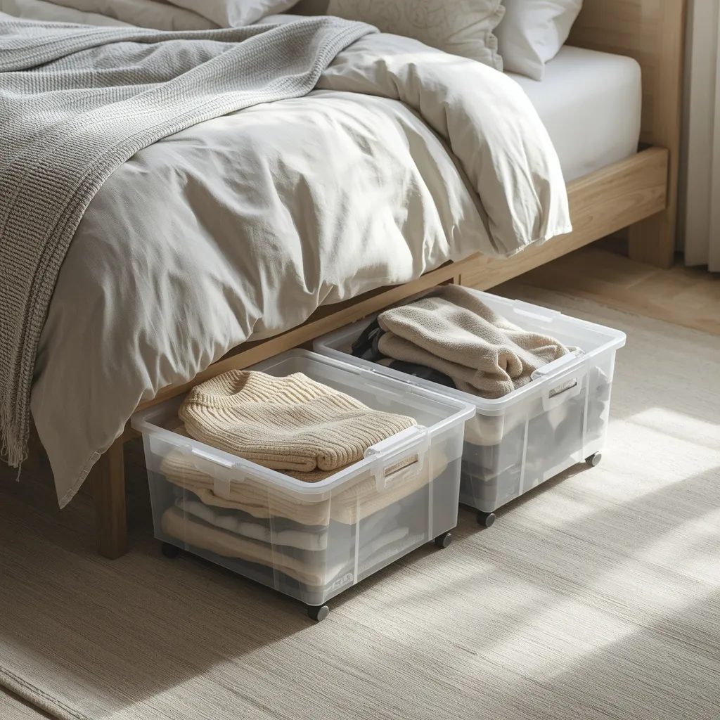 Clear rolling storage boxes pulled out from under a bed holding clothes and shoes