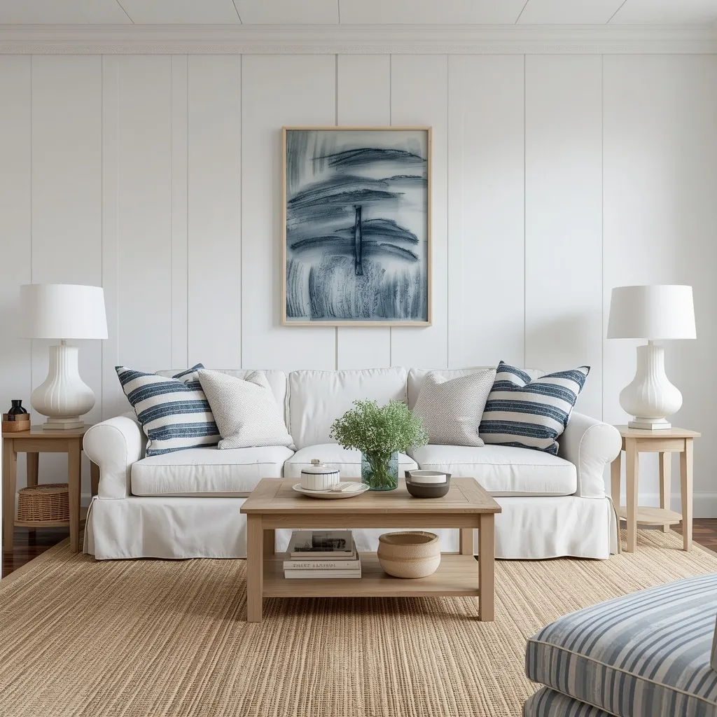 Coastal blue and white living room