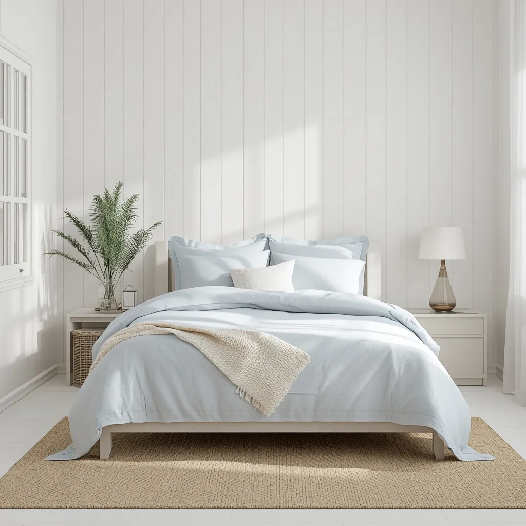 Coastal blue and white summer bedroom