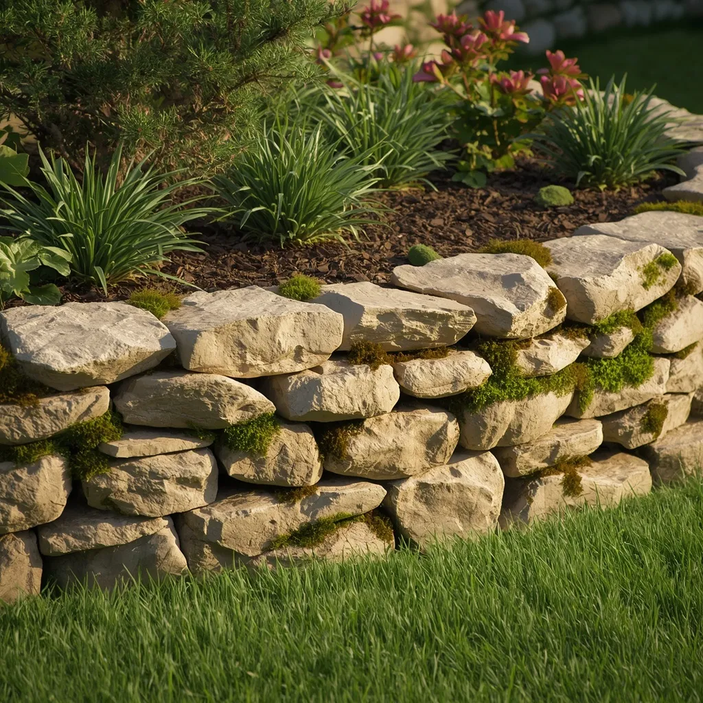 Dry stacked stone flower bed border