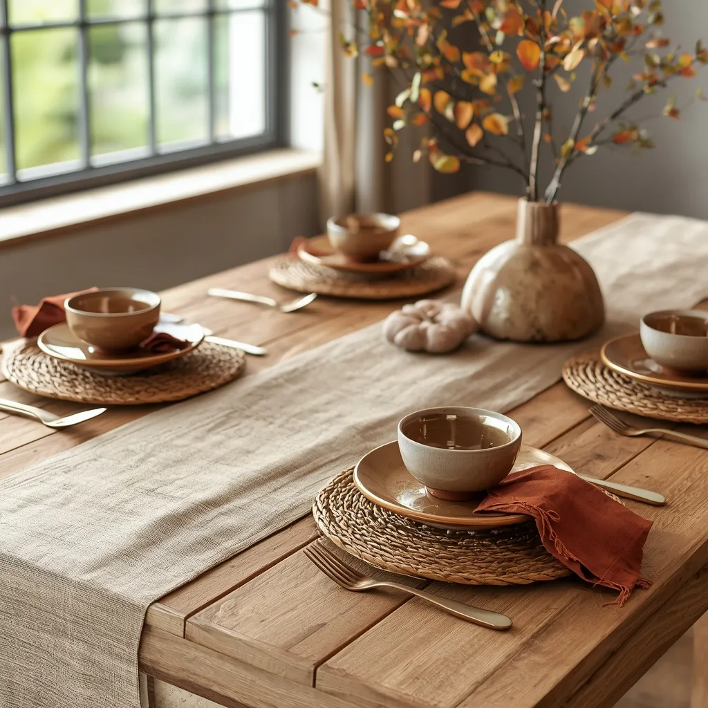 Fall place settings on a linen runner