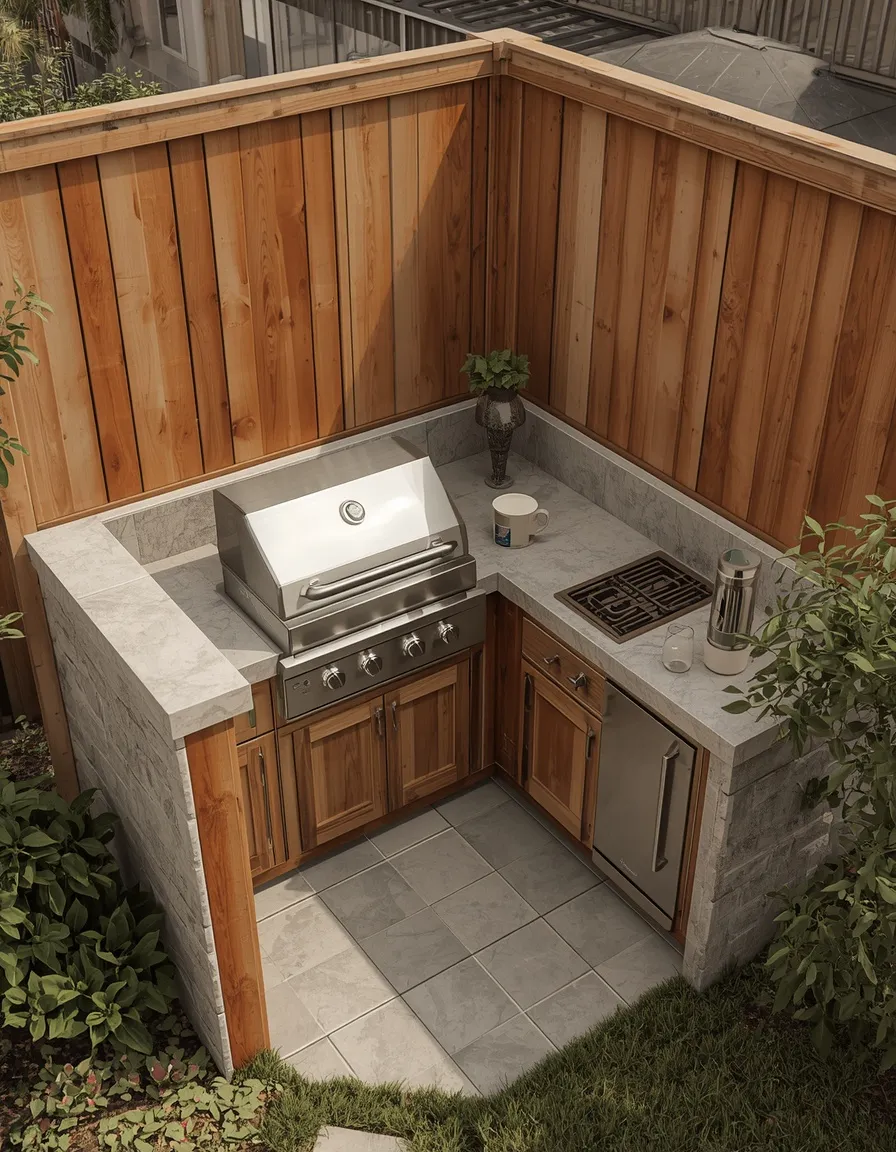 L-shaped small backyard outdoor kitchen