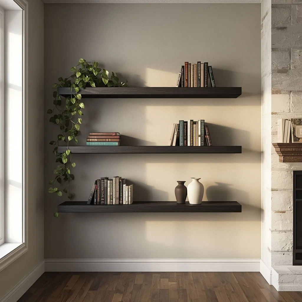 Long floating shelves styled above a sofa on a living room feature wall