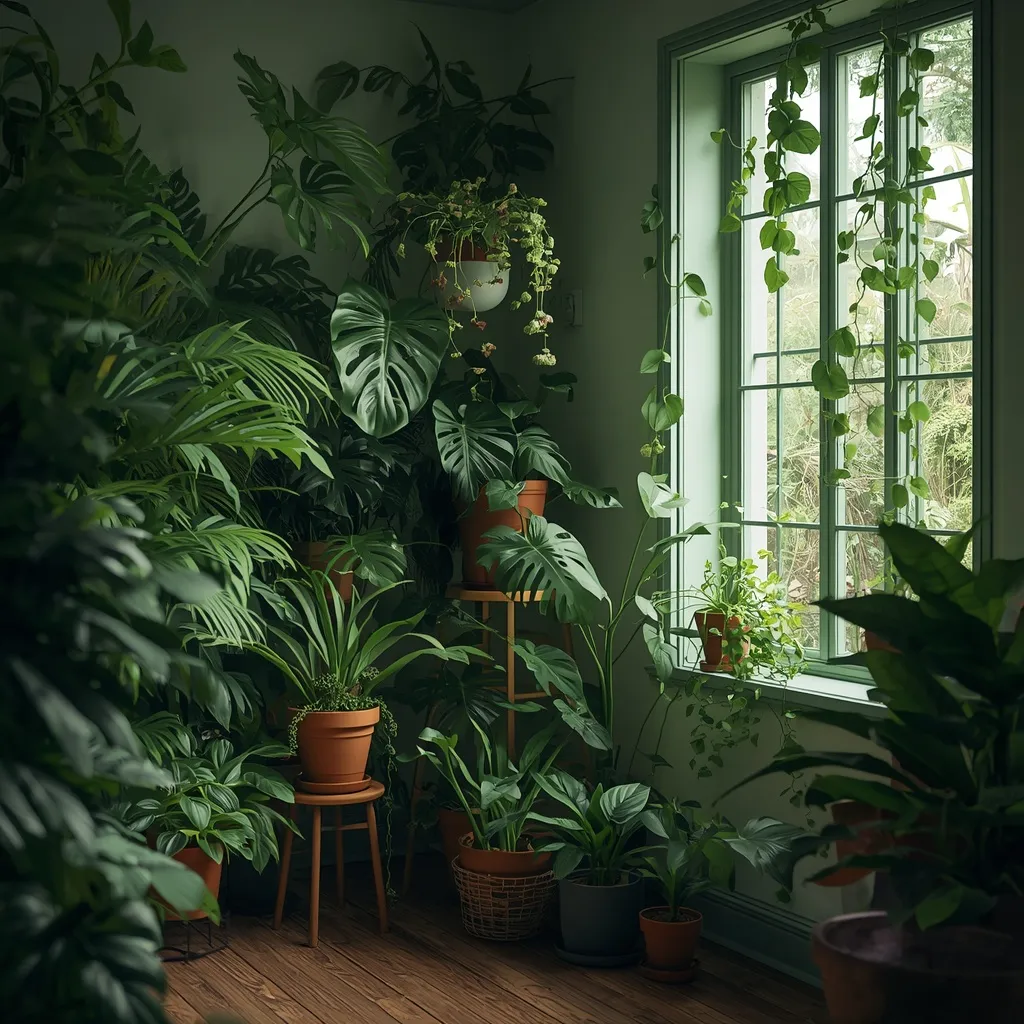 Lush indoor jungle plant corner