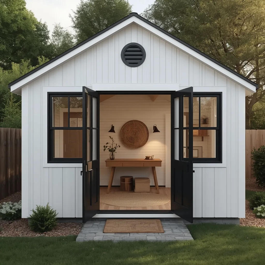 Modern farmhouse she shed office exterior