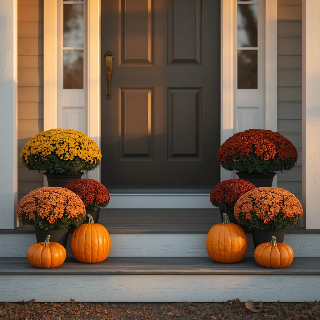 Mums and pumpkins framing a front door