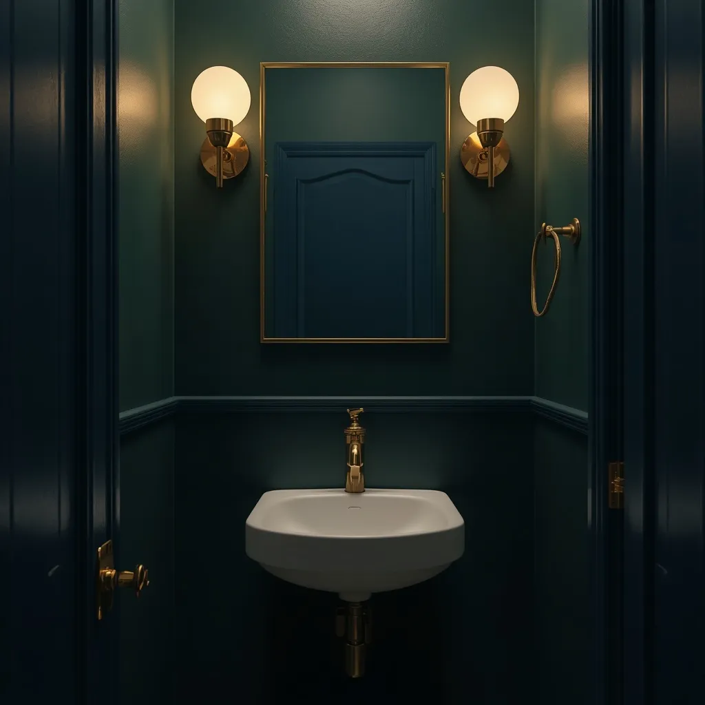 Navy powder room with brass