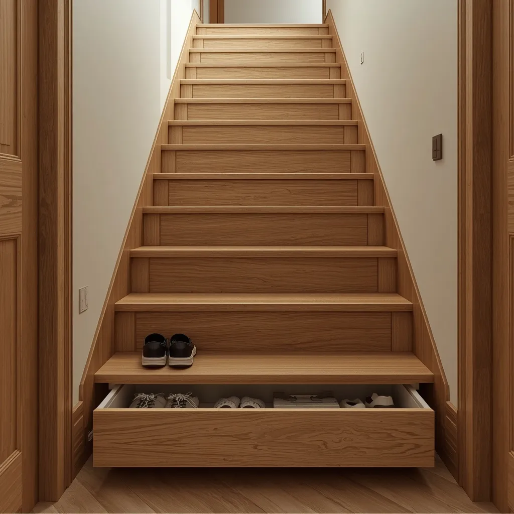 Pull-out drawers built into staircase steps, one open revealing organised shoes