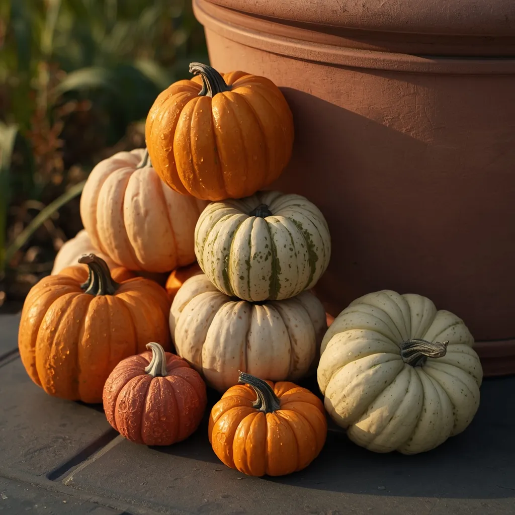 Pumpkin and gourd cluster by a planter