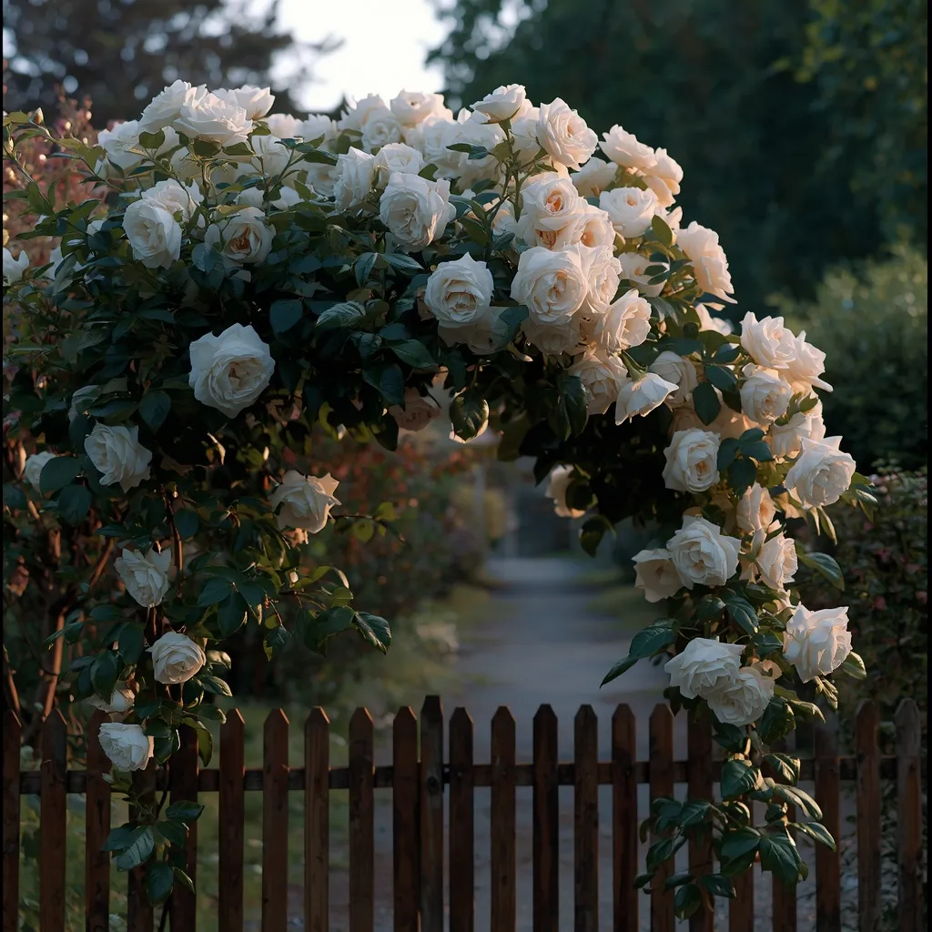 Pure-white garden roses blooming in clusters over a low fence in evening light