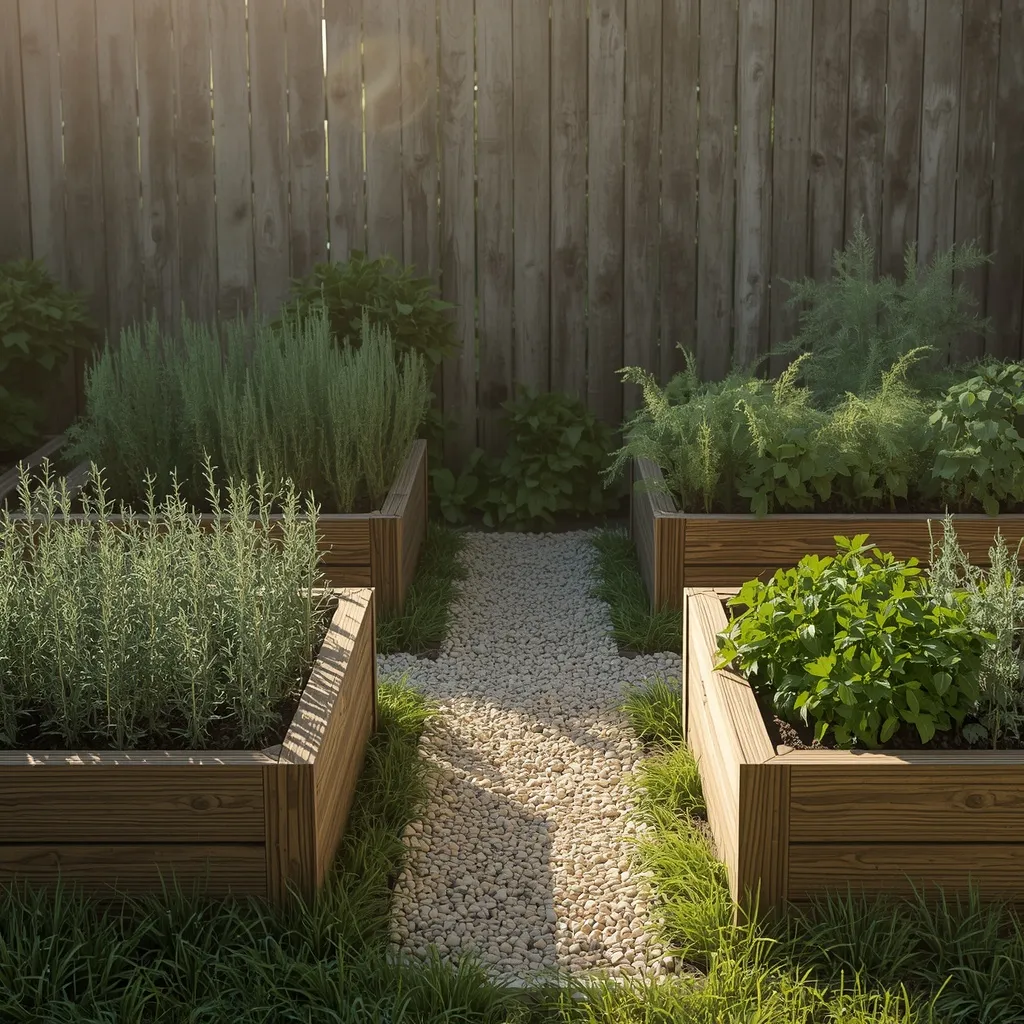 Raised bed kitchen herb garden in backyard