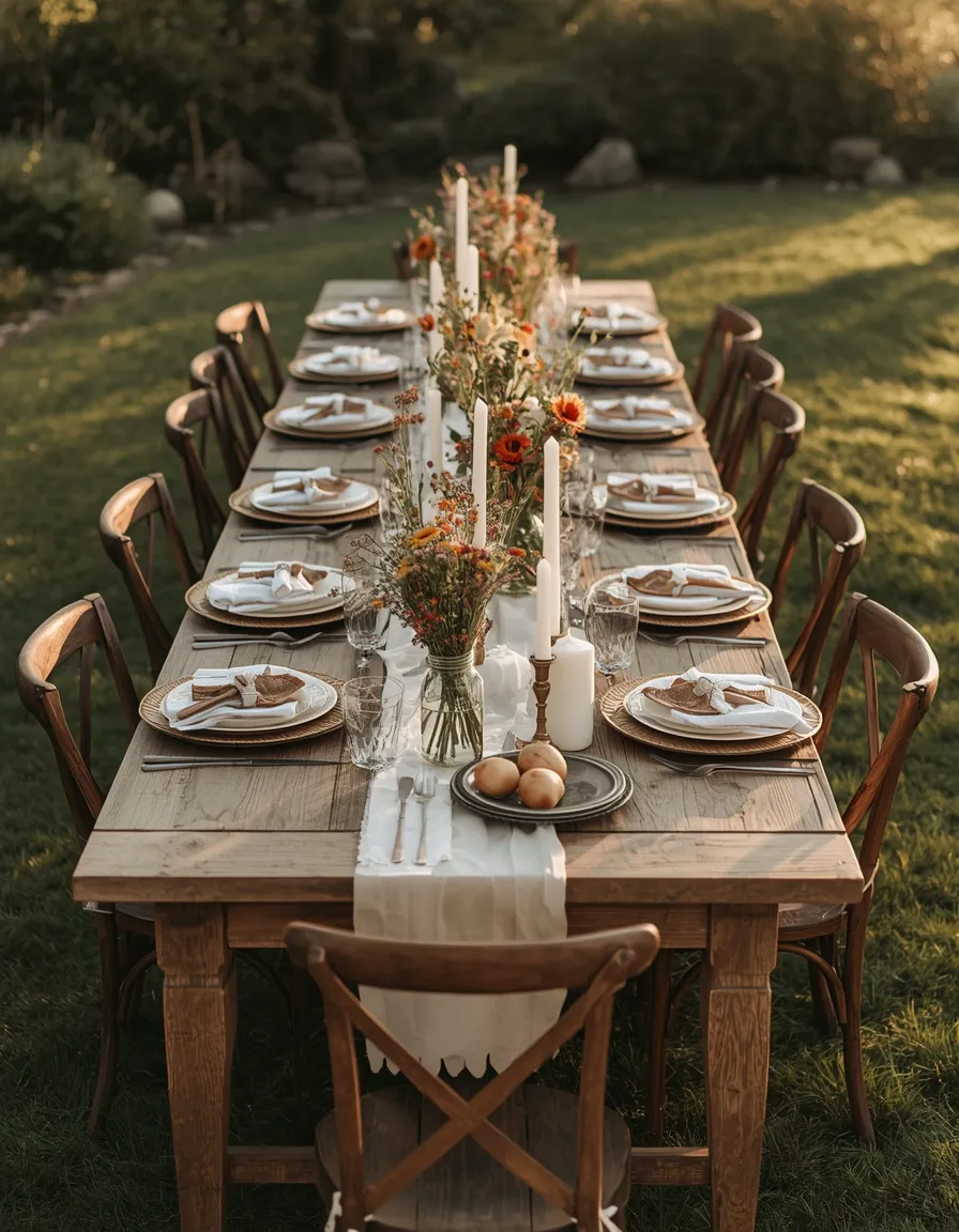 Rustic long-table outdoor dining feast
