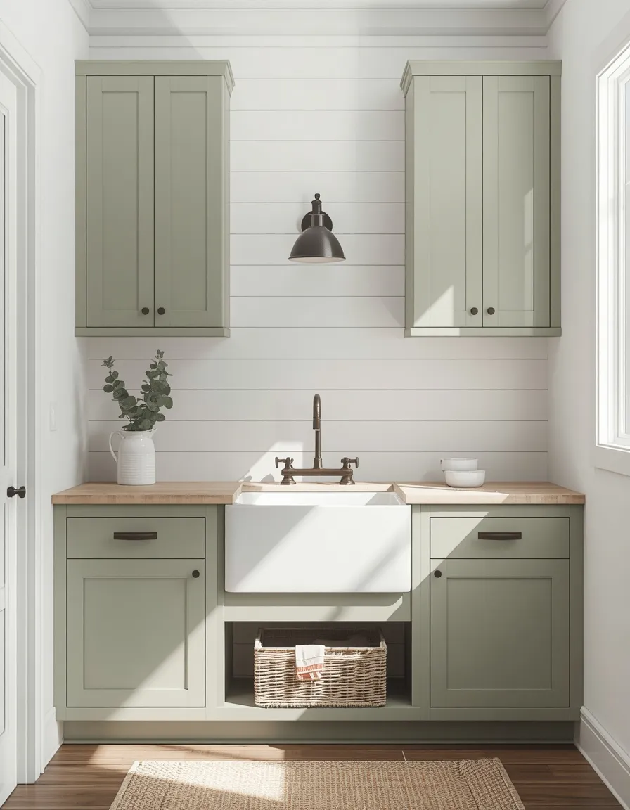 Sage green farmhouse laundry room