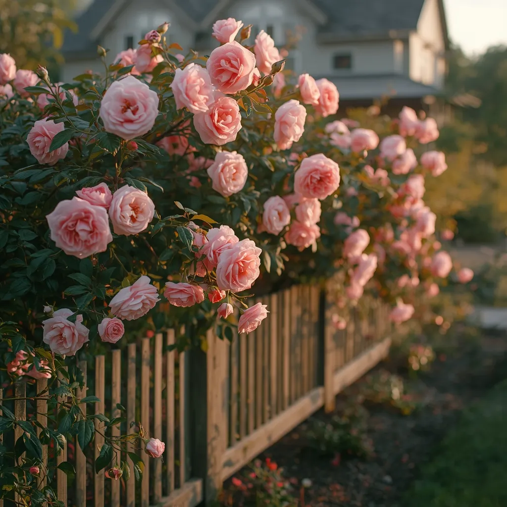 Soft-pink garden roses blooming in clusters over a low timber fence