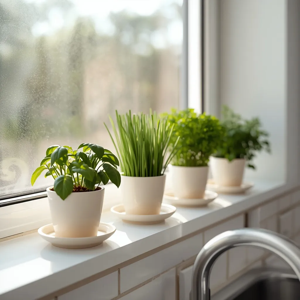 Sunny windowsill herb garden row