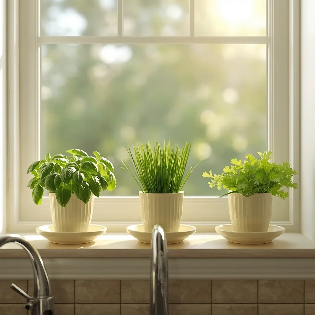 Sunny windowsill indoor herb garden lineup