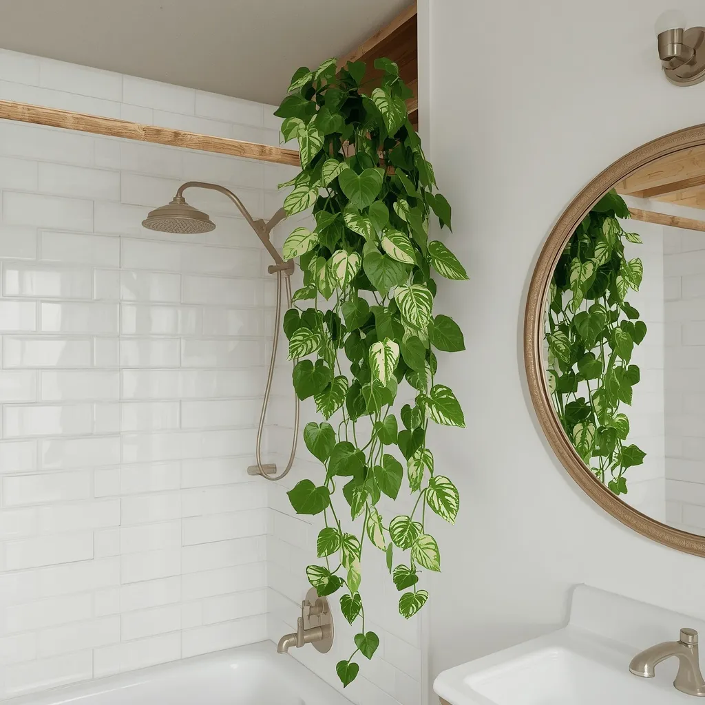 Trailing pothos in bathroom