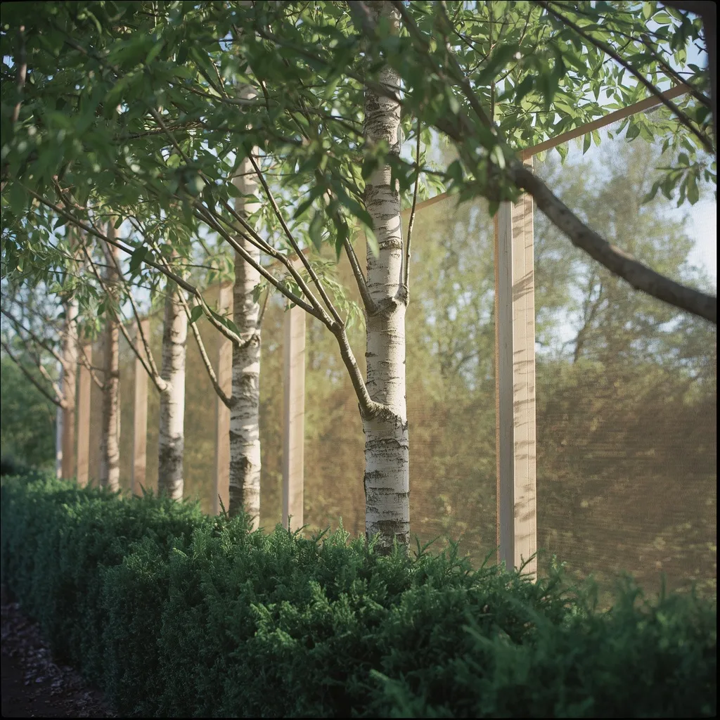 A row of birch trees forming a light privacy screen along a garden boundary