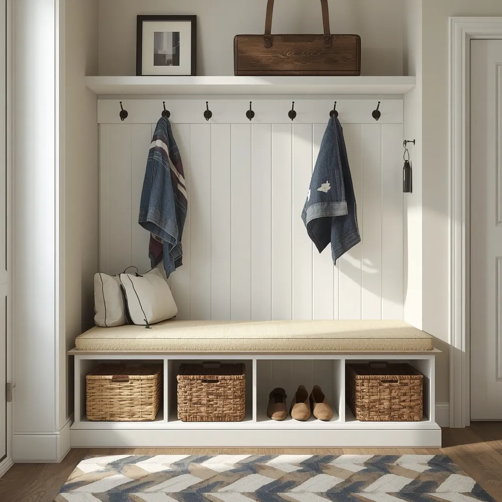 An entryway storage bench with shoe baskets below and coat hooks above