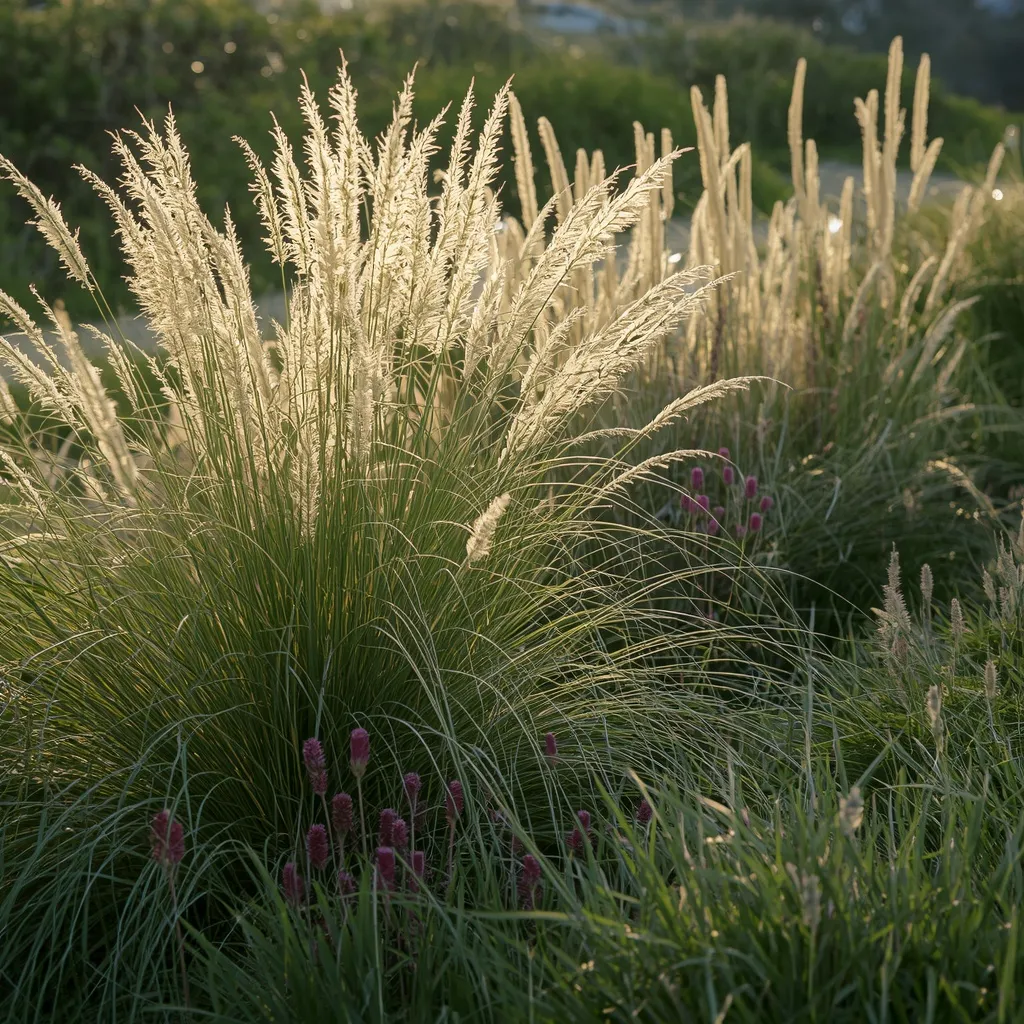 Backlit ornamental grass flower bed