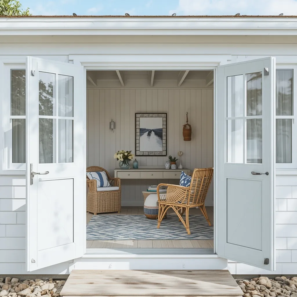 Coastal blue and white shed office