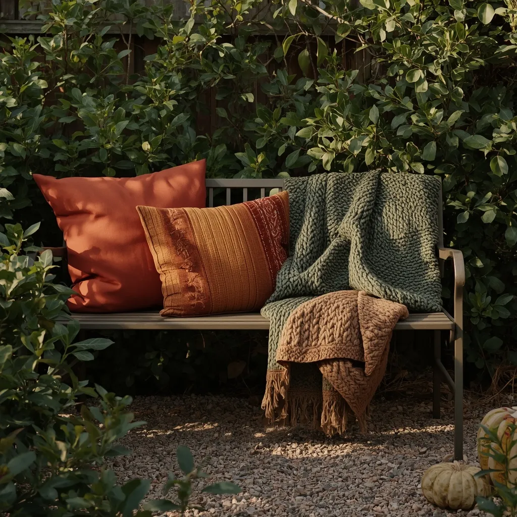 Cozy autumn cushions on a garden bench