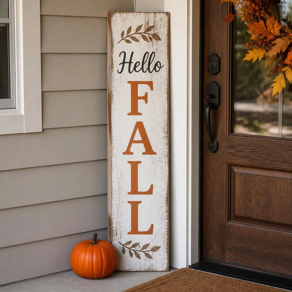 DIY wooden fall welcome sign on porch