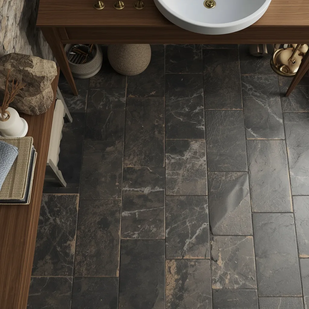 Dark slate powder room floor