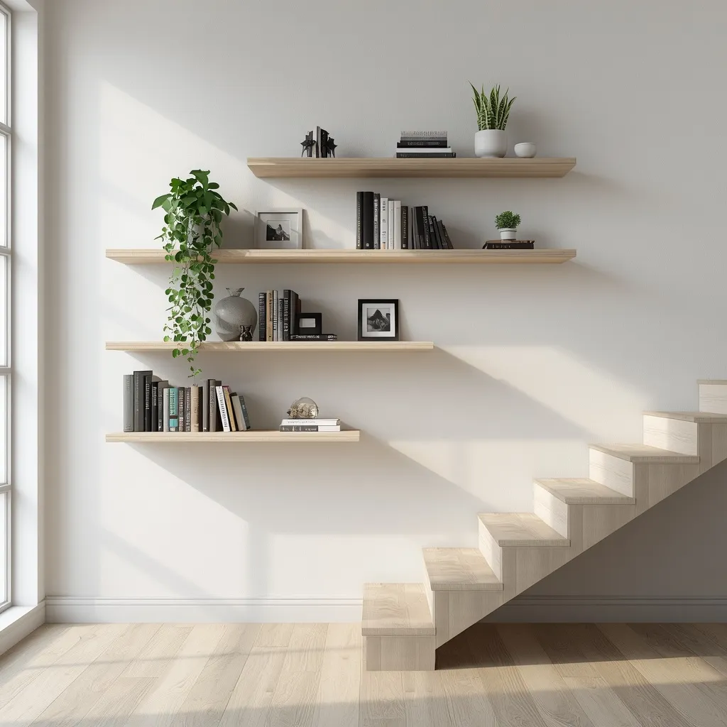 Floating shelves mounted in a staggered asymmetric pattern on a modern wall