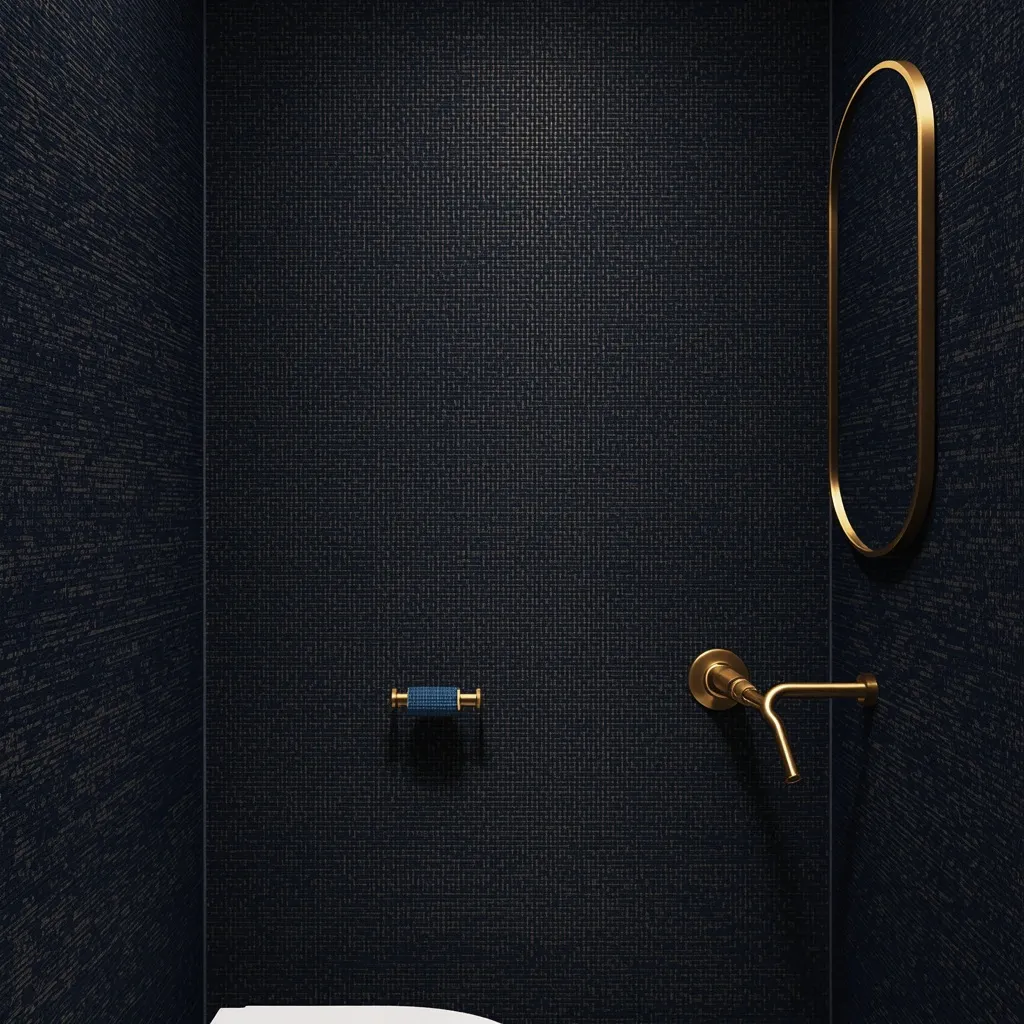 Navy grasscloth powder room walls