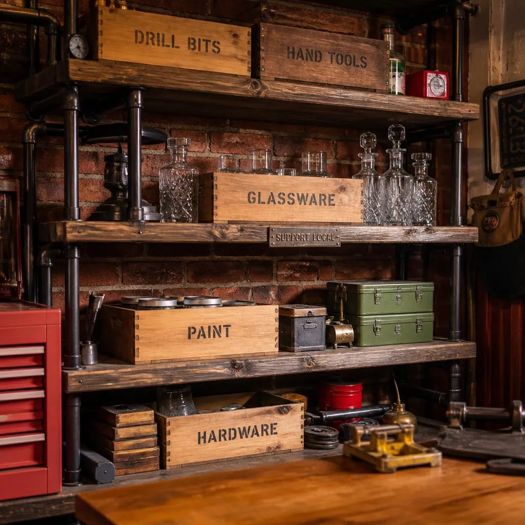 Open shelving of black pipe and reclaimed wood in a rustic garage
