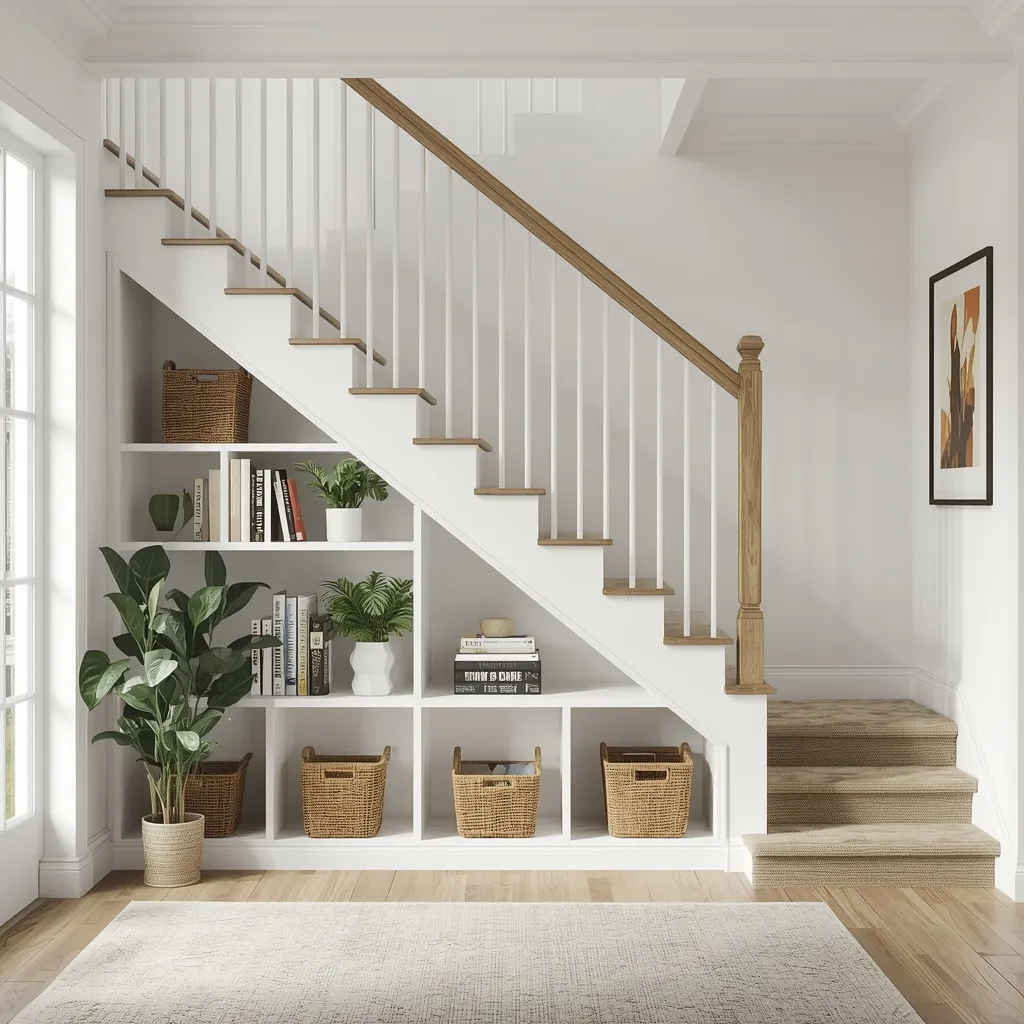 Open stepped under-stair shelves styled with baskets, plants and books