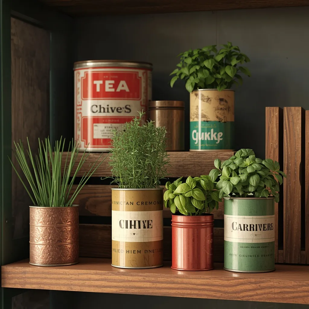 Repurposed tin and crate herb garden