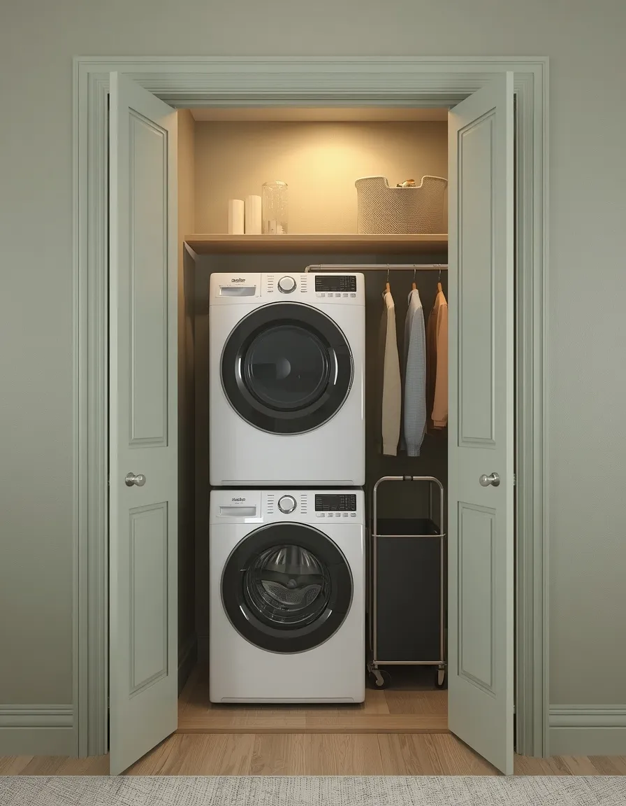 Small sage green laundry closet