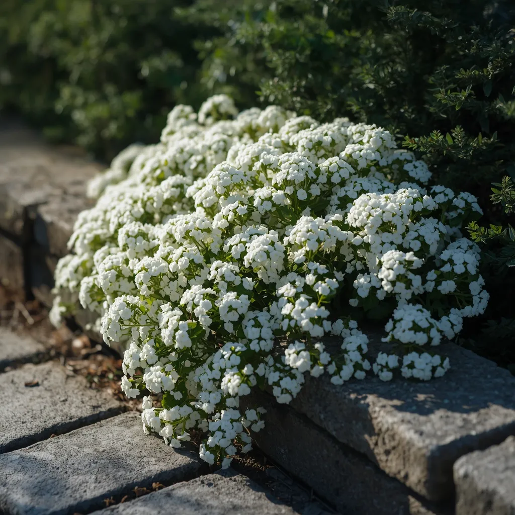 Snow-white candytuft flowers spilling over a stone garden path edge