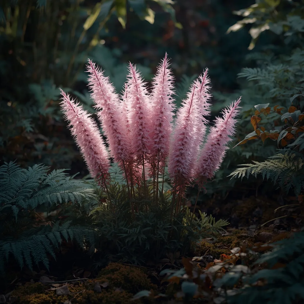 Soft-pink astilbe plumes glowing above ferny foliage in a shady garden corner