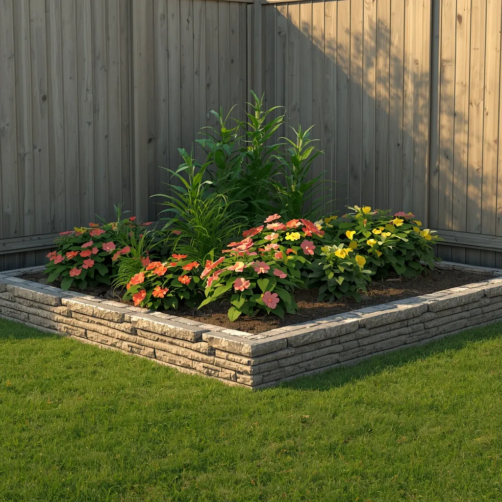 Stone edged corner flower bed