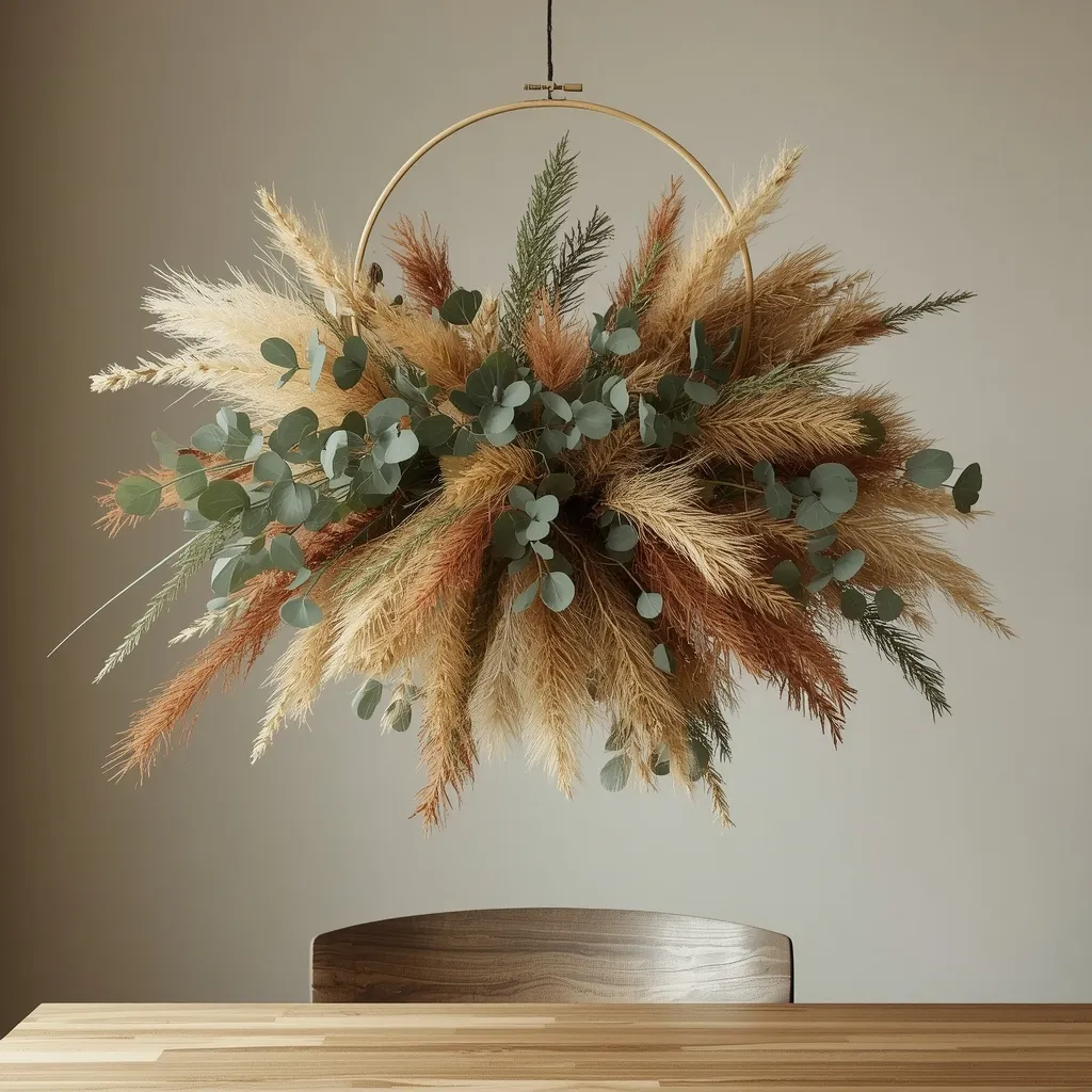 Suspended floral hoop above a table