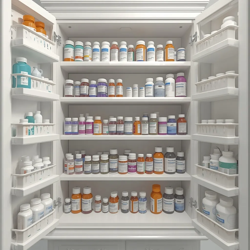 Tiered risers in a medicine cabinet making every bottle visible