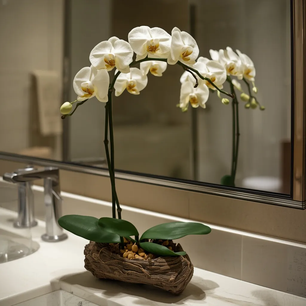 White orchid on bathroom vanity