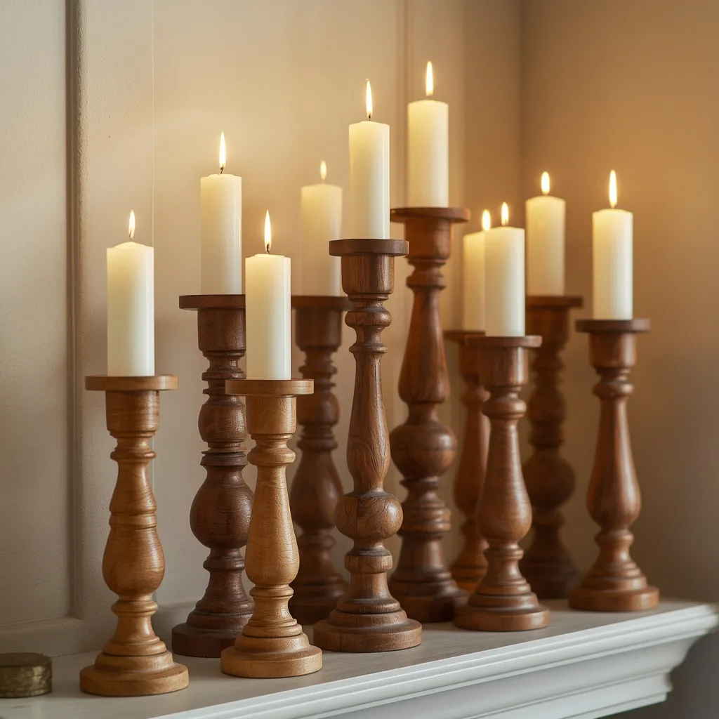 Wooden candlesticks styled for fall