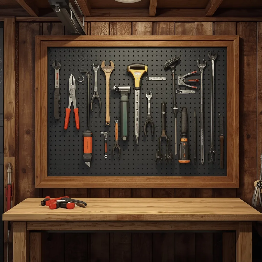 A framed pegboard tool wall with neatly organised tools in a rustic garage