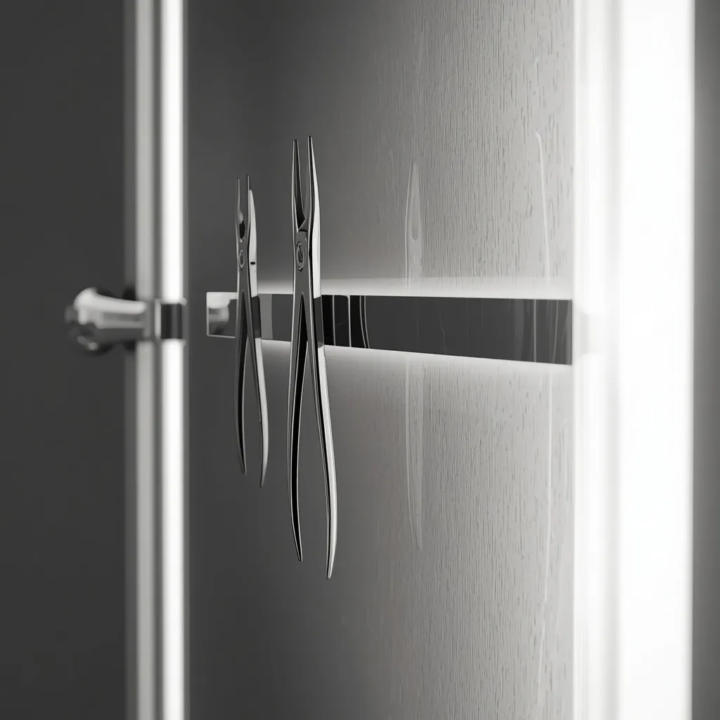 A magnetic strip holding metal grooming tools inside a mirror cabinet door