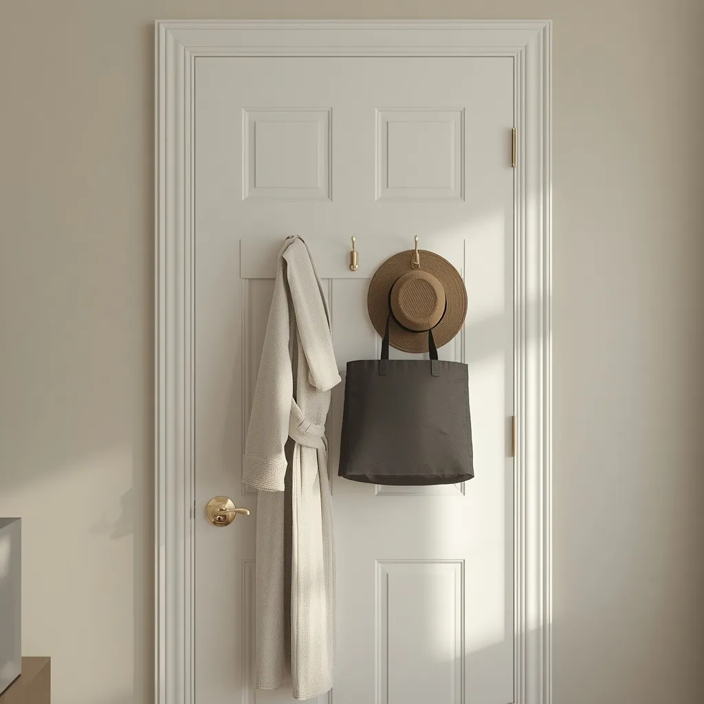 A row of hooks on the back of a door holding a robe, bag and hat
