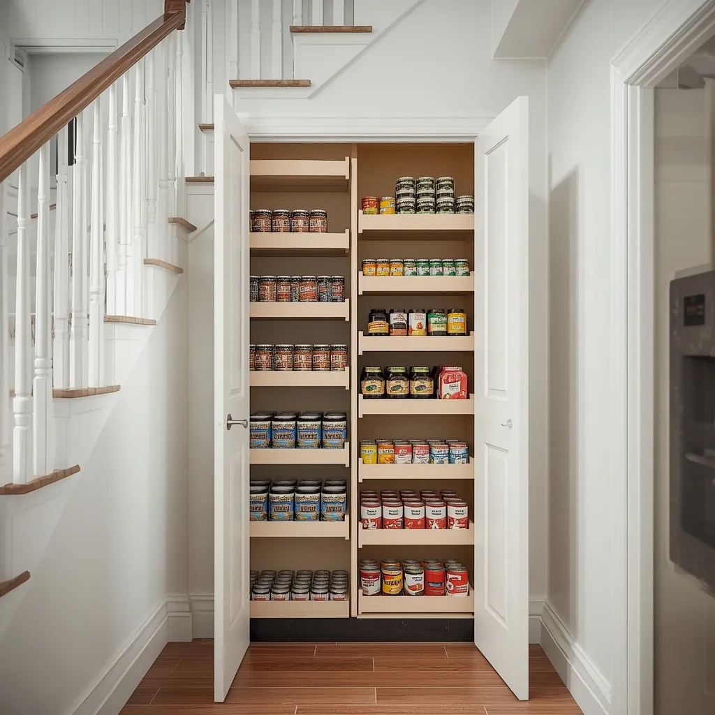 A tall under-stair pull-out pantry rolled out to reveal jars and cans