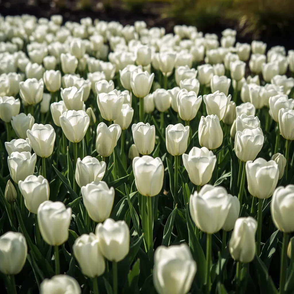 Dense drift of white tulips and daffodils blooming in an early spring garden bed