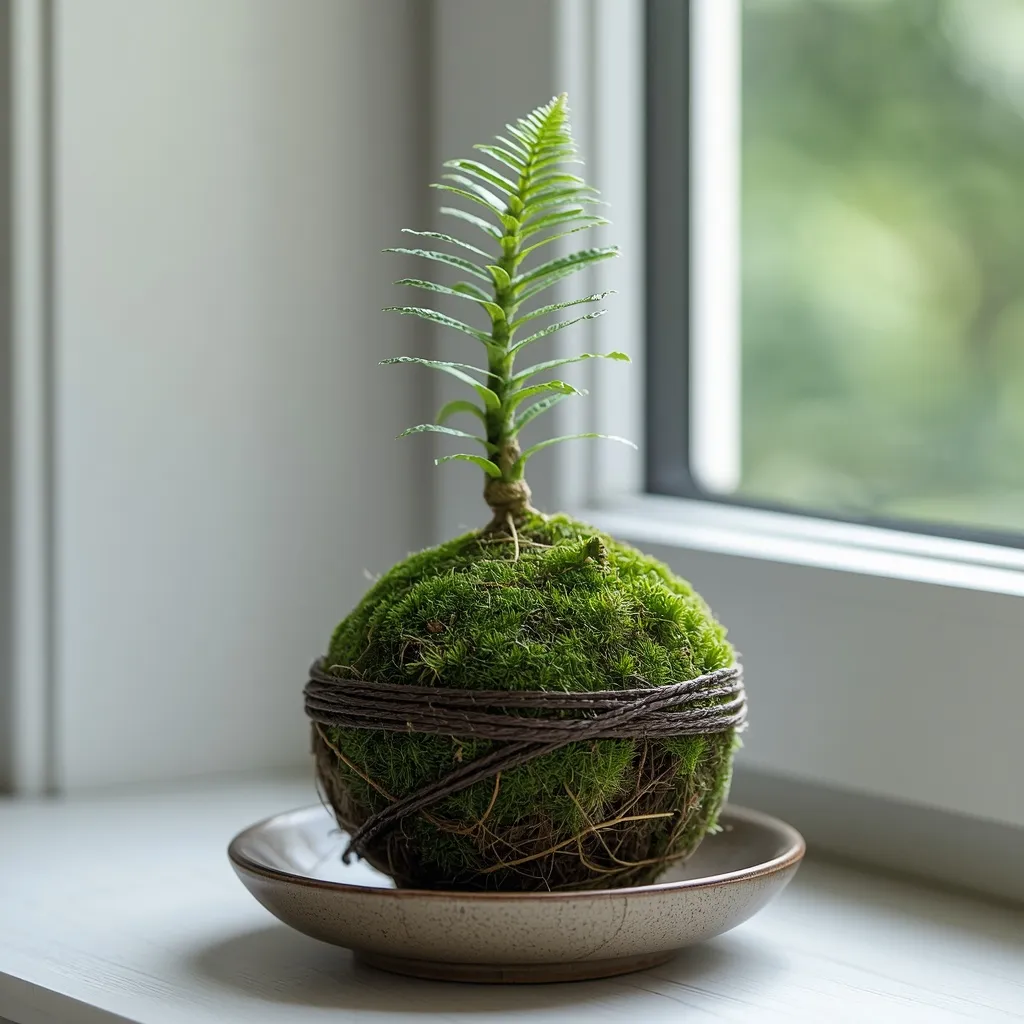 Kokedama moss ball with a fern