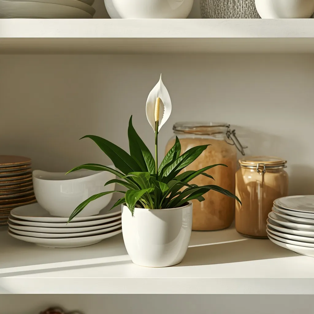 Peace lily greenery on a kitchen shelf